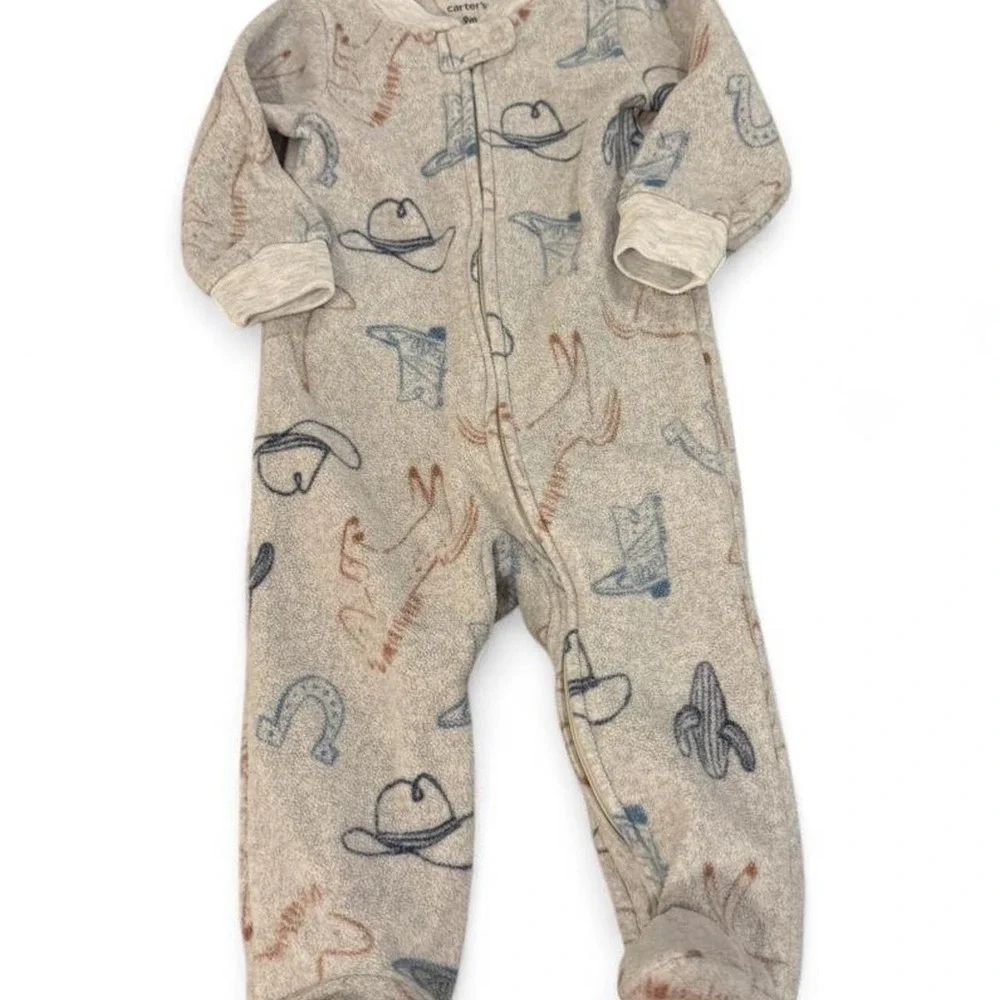 Carters Baby Boy Western Fleece Footed Sleeper 9M Gray Cowboy Print Pajamas